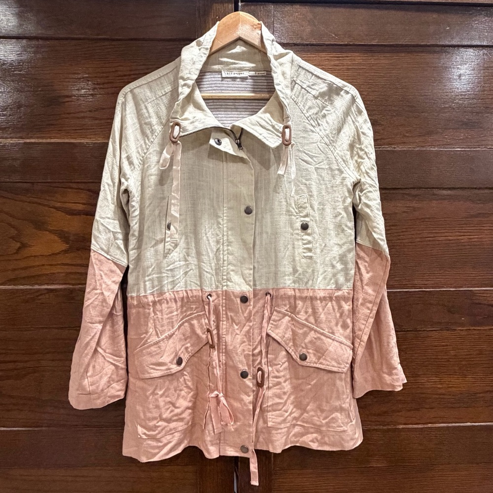 Blu Pepper small linen blend two tone colorblock light Utility Jacket Cream Pink
